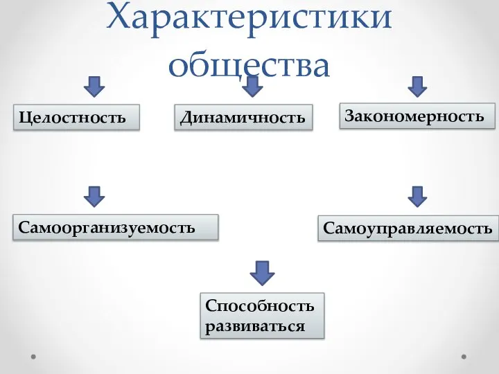 Характеристики общества Целостность Самоорганизуемость Динамичность Способность развиваться Закономерность Самоуправляемость