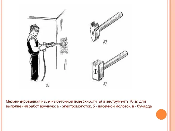 Механизированная насечка бетонной поверхности (а) и инструменты (б, в) для выполнения