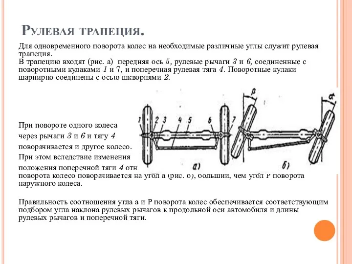 Руле­вая трапеция. Для одновременного поворота колес на необходимые различные углы служит