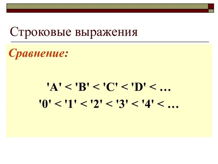 Строковые выражения Сравнение: 'A' '0'
