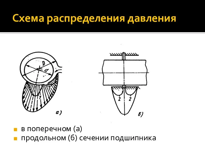 Схема распределения давления в поперечном (а) продольном (б) сечении подшипника