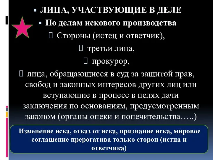 ЛИЦА, УЧАСТВУЮЩИЕ В ДЕЛЕ По делам искового производства Стороны (истец и