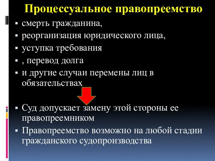 Процессуальное правопреемство смерть гражданина, реорганизация юридического лица, уступка требования , перевод