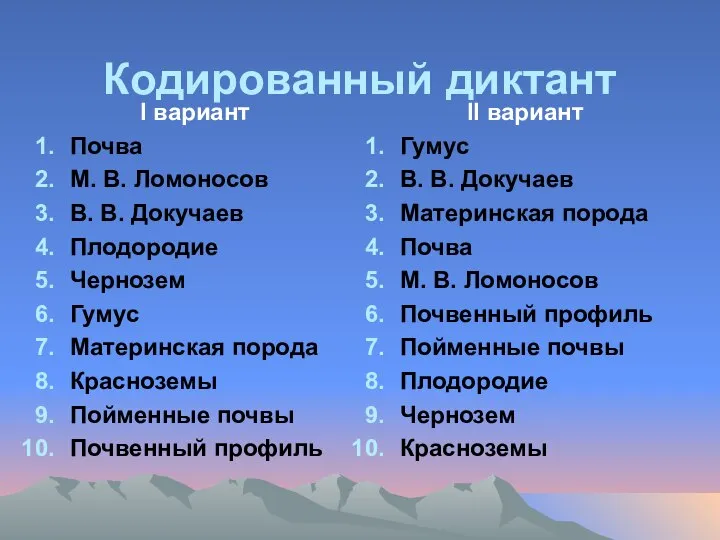 Кодированный диктант І вариант Почва М. В. Ломоносов В. В. Докучаев