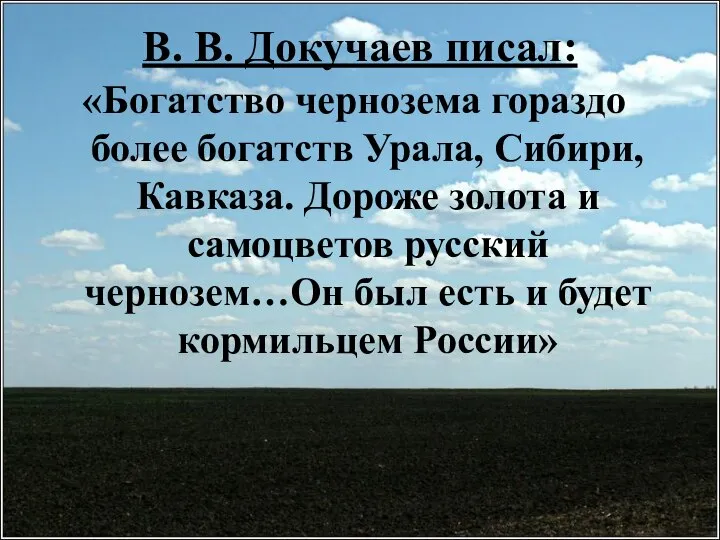 В. В. Докучаев писал: «Богатство чернозема гораздо более богатств Урала, Сибири,