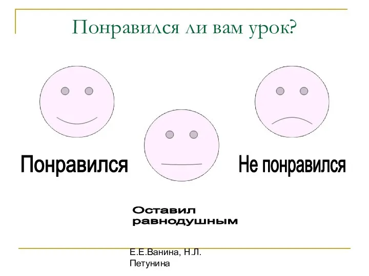 Е.Е.Ванина, Н.Л.Петунина Понравился ли вам урок? Понравился Не понравился Оставил равнодушным