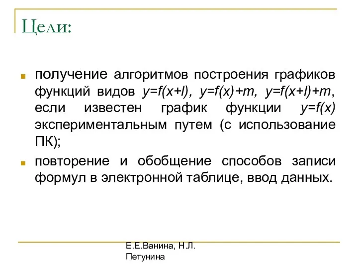 Е.Е.Ванина, Н.Л.Петунина Цели: получение алгоритмов построения графиков функций видов y=f(x+l), y=f(x)+m,