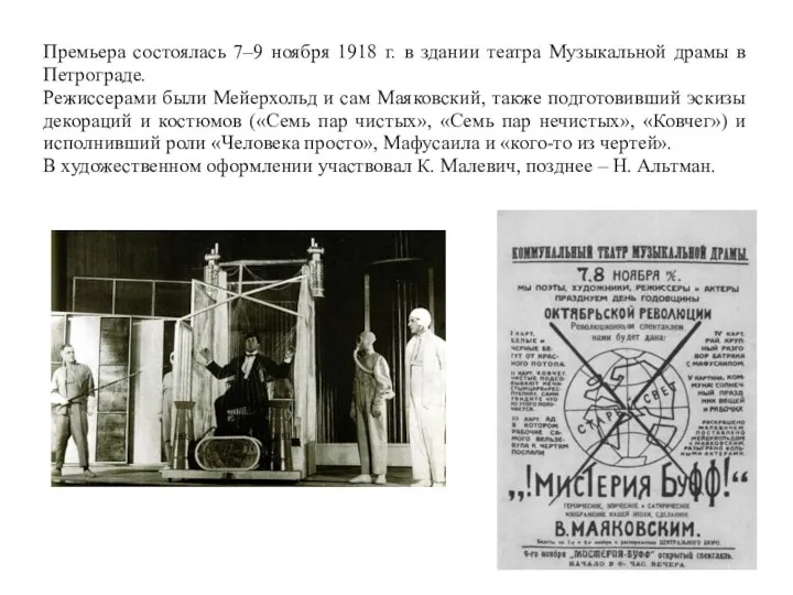 Премьера состоялась 7–9 ноября 1918 г. в здании театра Музыкальной драмы