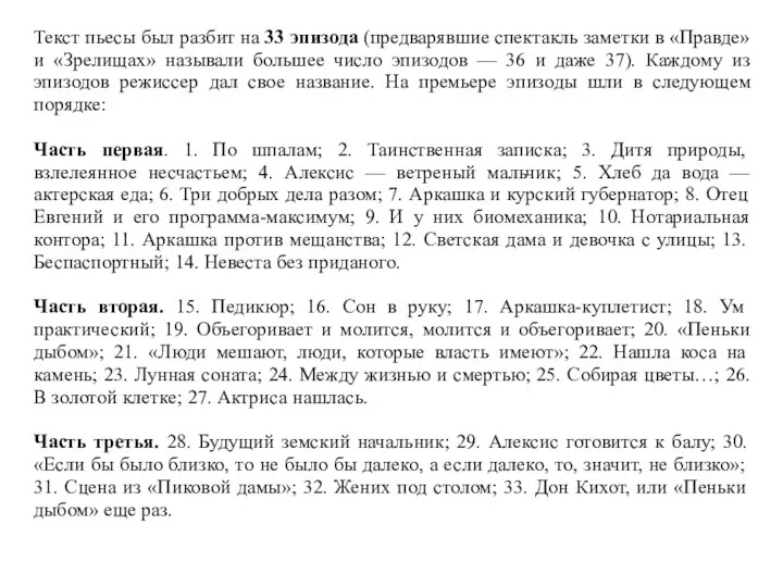 Текст пьесы был разбит на 33 эпизода (предварявшие спектакль заметки в