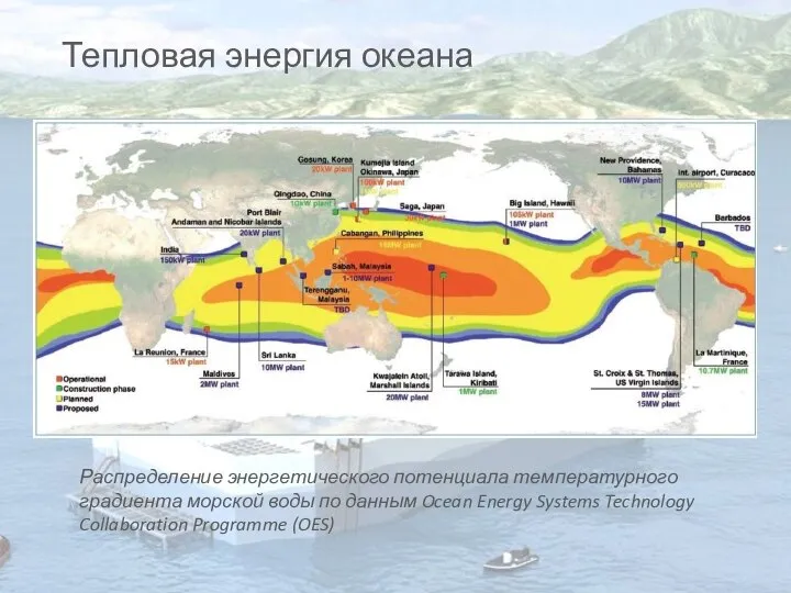 Тепловая энергия океана Распределение энергетического потенциала температурного градиента морской воды по