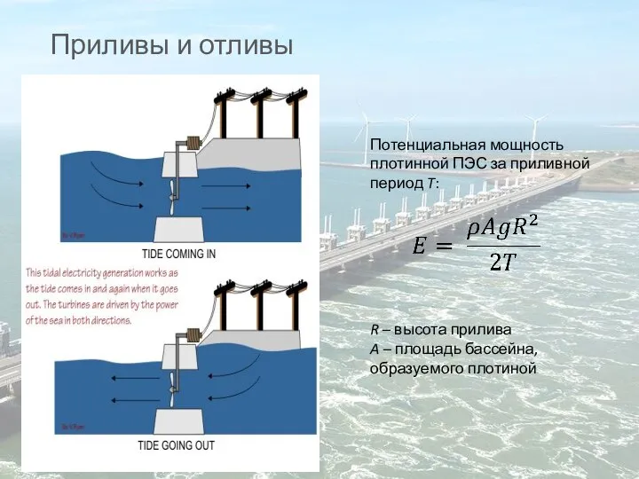 Приливы и отливы R – высота прилива A – площадь бассейна,