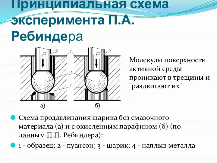 Принципиальная схема эксперимента П.А. Ребиндера Схема продавливания шарика без смазочного материала