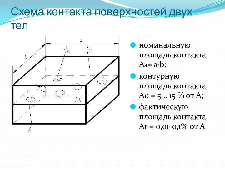 Схема контакта поверхностей двух тел номинальную площадь контакта, Аа= a∙b; контурную