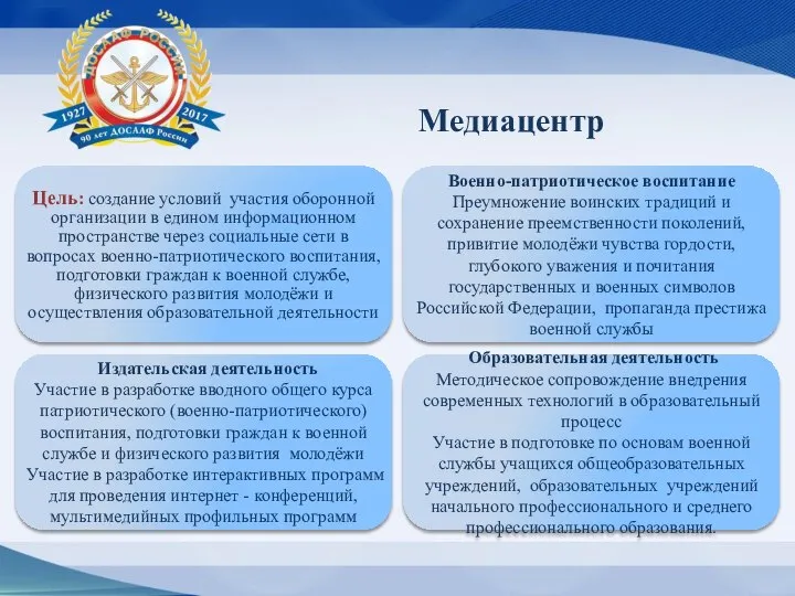 Медиацентр Цель: создание условий участия оборонной организации в едином информационном пространстве