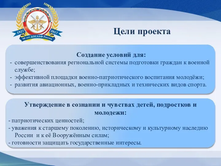 Создание условий для: - совершенствования региональной системы подготовки граждан к военной