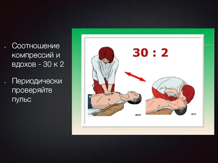 Соотношение компрессий и вдохов - 30 к 2 Периодически проверяйте пульс