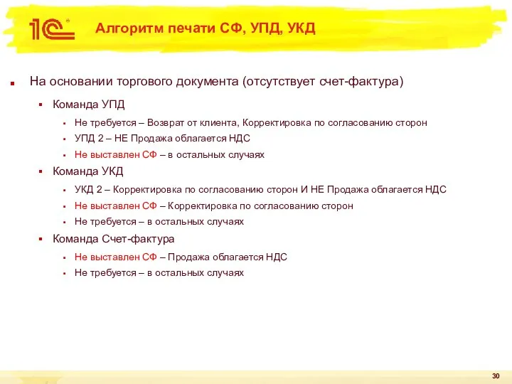 Алгоритм печати СФ, УПД, УКД На основании торгового документа (отсутствует счет-фактура)