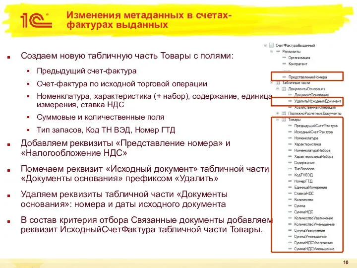 Изменения метаданных в счетах-фактурах выданных Создаем новую табличную часть Товары с