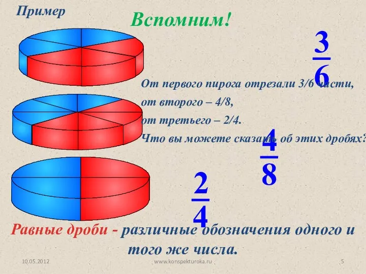 От первого пирога отрезали 3/6 части, от второго – 4/8, от