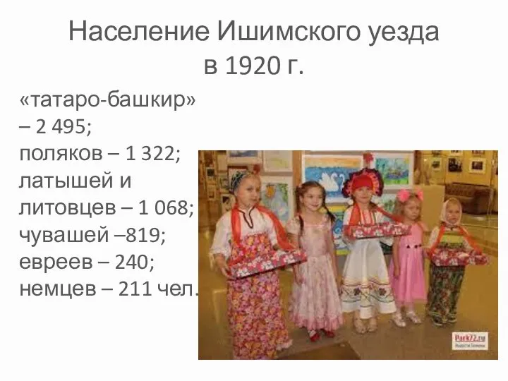 Население Ишимского уезда в 1920 г. «татаро-башкир» – 2 495; поляков