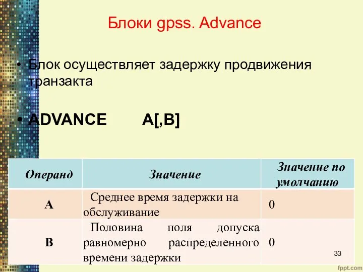 Блоки gpss. Advance Блок осуществляет задержку продвижения транзакта ADVANCE A[,B]