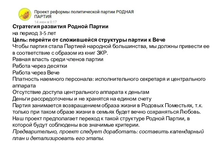 Стратегия развития Родной Партии на период 3-5 лет Цель: перейти от