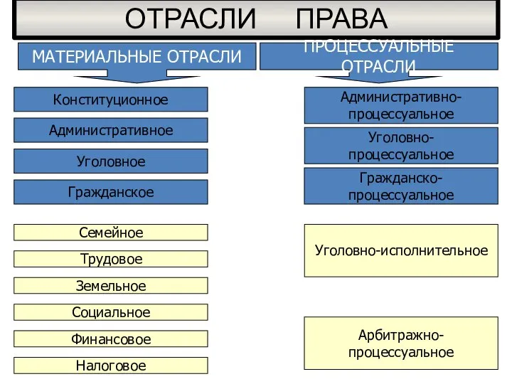 ОТРАСЛИ ПРАВА МАТЕРИАЛЬНЫЕ ОТРАСЛИ ПРОЦЕССУАЛЬНЫЕ ОТРАСЛИ Конституционное Административное Уголовное Гражданское Административно-