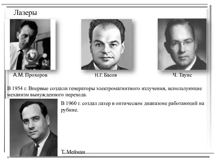 Лазеры А.М. Прохоров Н.Г. Басов Ч. Таунс В 1954 г. Впервые