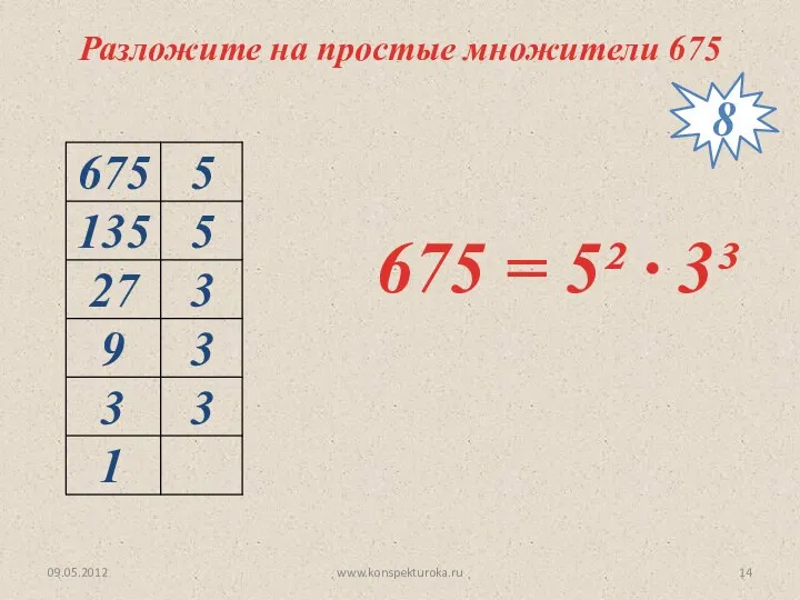 09.05.2012 www.konspekturoka.ru Разложите на простые множители 675 675 = 5² ∙ 3³ 8