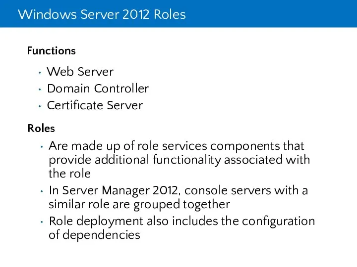 Windows Server 2012 Roles Roles Functions Web Server Domain Controller Certificate