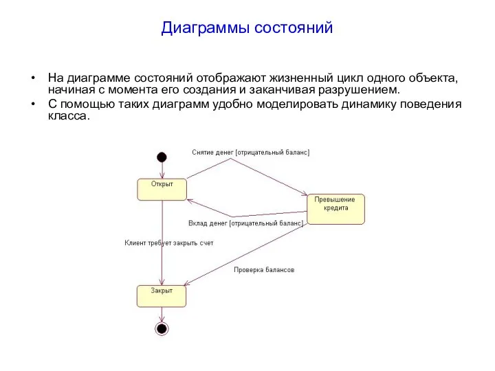 Диаграммы состояний На диаграмме состояний отображают жизненный цикл одного объекта, начиная