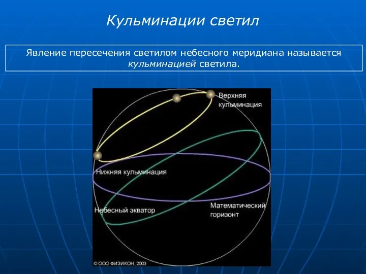 Кульминации светил Явление пересечения светилом небесного меридиана называется кульминацией светила.