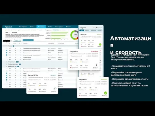 Автоматизация и скорость Удобный и продуманный интерфейс Test IT помогает решать