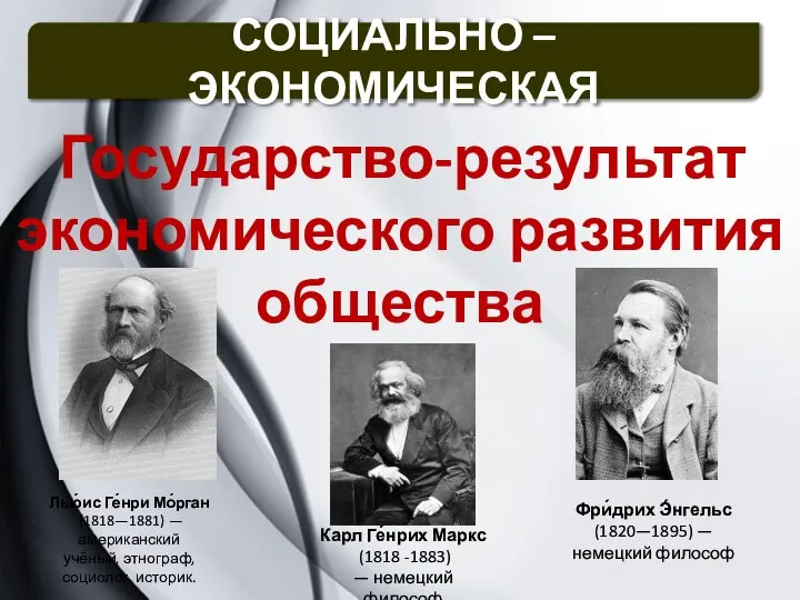 Государство-результат экономического развития общества СОЦИАЛЬНО – ЭКОНОМИЧЕСКАЯ Лью́ис Ге́нри Мо́рган (1818—1881)