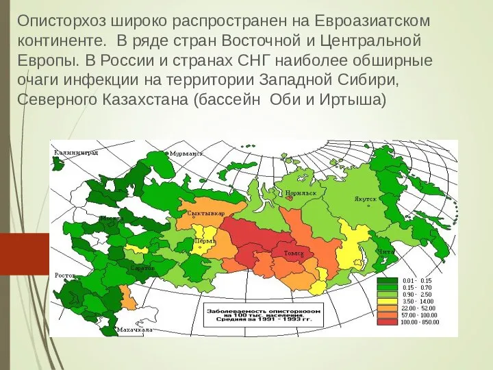 Описторхоз широко распространен на Евроазиатском континенте. В ряде стран Восточной и