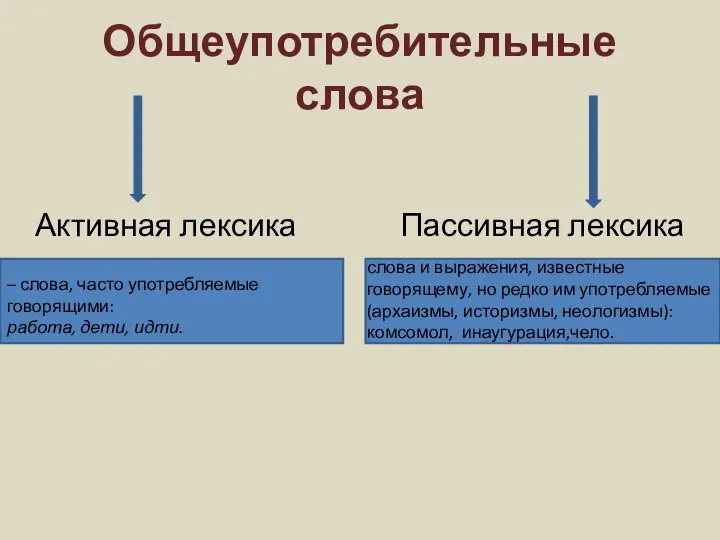 Общеупотребительные слова Активная лексика Пассивная лексика слова и выражения, известные говорящему,