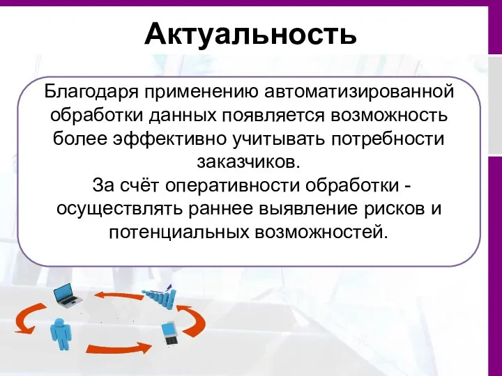 Актуальность Благодаря применению автоматизированной обработки данных появляется возможность более эффективно учитывать