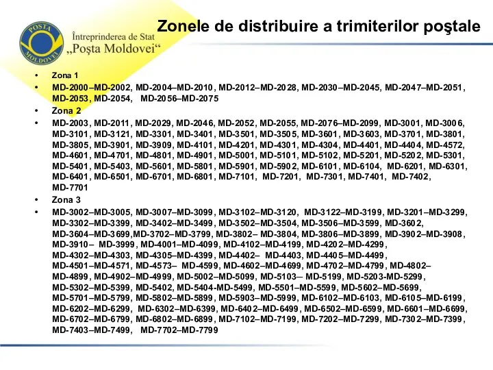 Zonele de distribuire a trimiterilor poştale Zona 1 MD-2000–MD-2002, MD-2004–MD-2010, MD-2012–MD-2028,