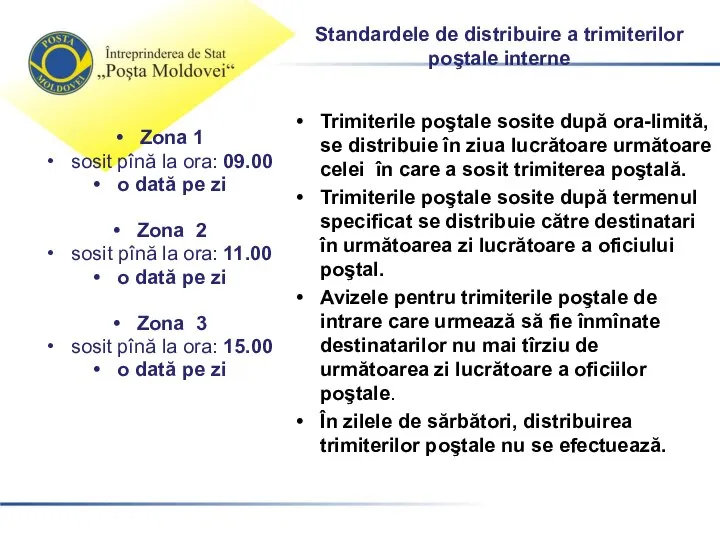 Standardele de distribuire a trimiterilor poştale interne Zona 1 sosit pînă