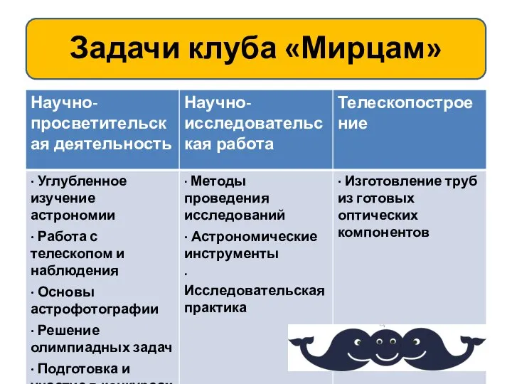 Задачи клуба «Мирцам»