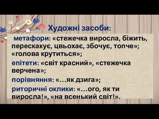 Художні засоби: метафори: «стежечка виросла, біжить, перескакує, цвьохає, збочує, топче»; «голова