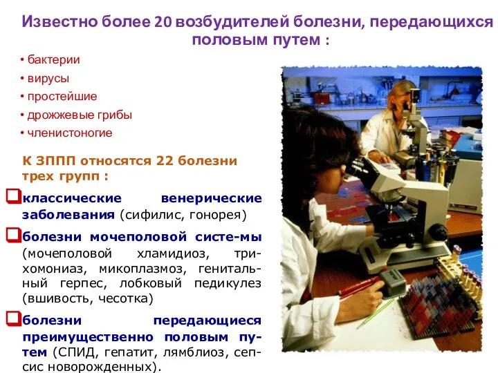 Известно более 20 возбудителей болезни, передающихся половым путем : бактерии вирусы