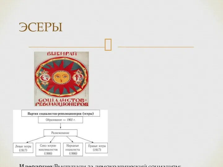 ЭСЕРЫ Идеология:Выступали за демократический социализм: демократия должна выражаться через представительство организованных