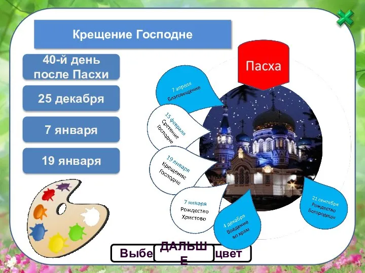 19 января Выбери белый цвет ДАЛЬШЕ Крещение Господне 7 января 25 декабря 40-й день после Пасхи