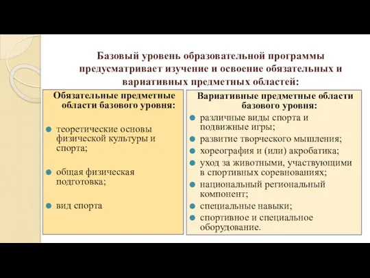 Базовый уровень образовательной программы предусматривает изучение и освоение обязательных и вариативных