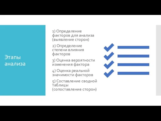 Этапы анализа 1) Определение факторов для анализа (выявление сторон) 2) Определение