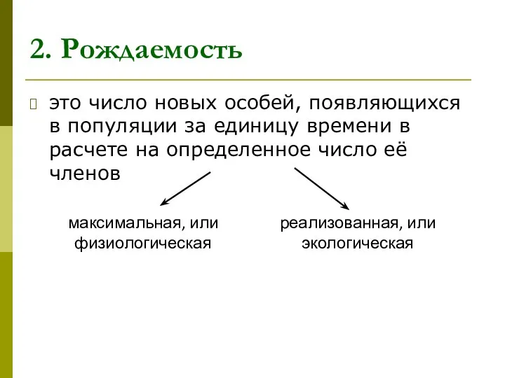 2. Рождаемость это число новых особей, появляющихся в популяции за единицу