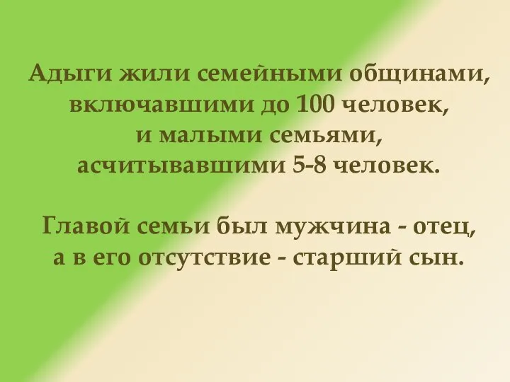 Адыги жили семейными общинами, включавшими до 100 человек, и малыми семьями,