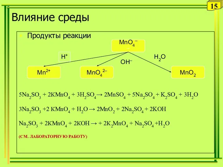 Влияние среды Продукты реакции 5Na2SO3 + 2КMnO4 + 3H2SO4→ 2MnSO4 +