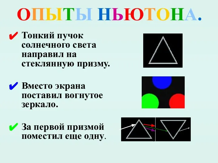 ОПЫТЫ НЬЮТОНА. Тонкий пучок солнечного света направил на стеклянную призму. Вместо